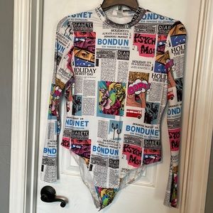 Colorful, “newsprint” bodysuit. Unsure of brand - maybe Shein or H&M.